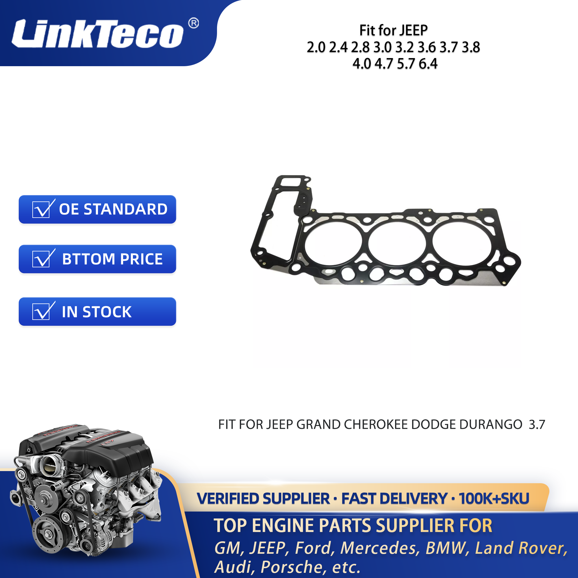 Linkteco cylinder head gasket Fit for JEEP 2.0 2.4 2.8 3.0 3.2 3.6 3.7 3.8 4.0 4.7 5.7 6.4 10205400 HG1164L 26542PT 26541PT