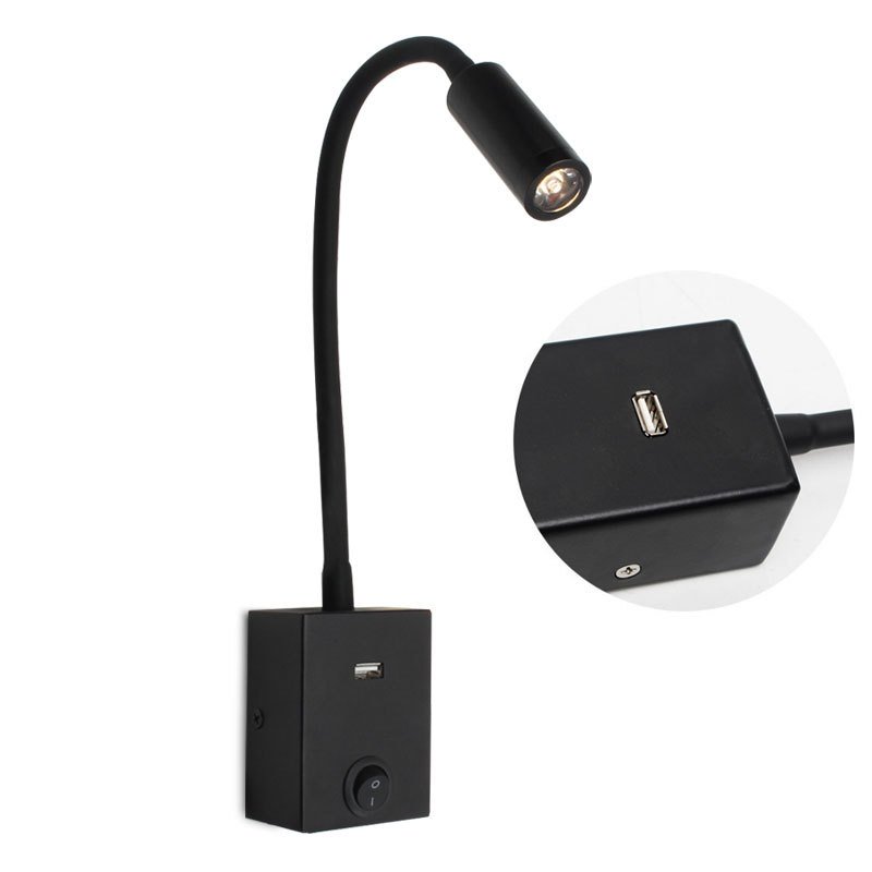 3w LED hotel bedside reading light wall lamp bedroom indoor modern wall lamp switch control with usb Gooseneck flexible hose