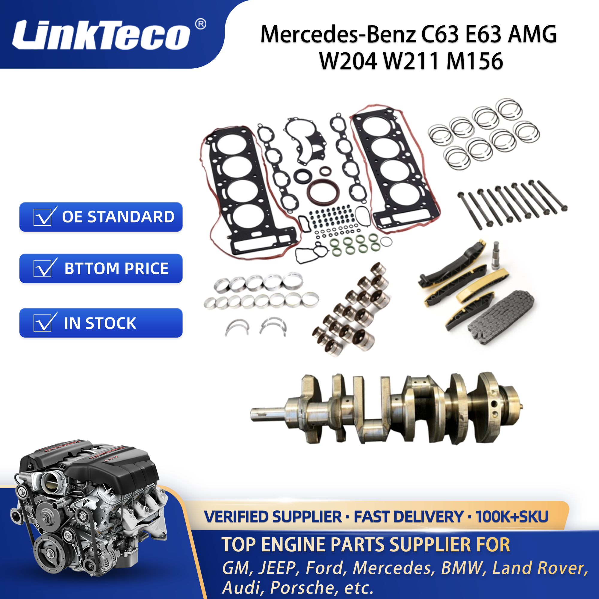 Engine Overhaul Gasket Seals Kit piston ring Valve lifter timing kit Crankshaft For Mercedes-Benz C63 E63 AMG W204 W211 M156