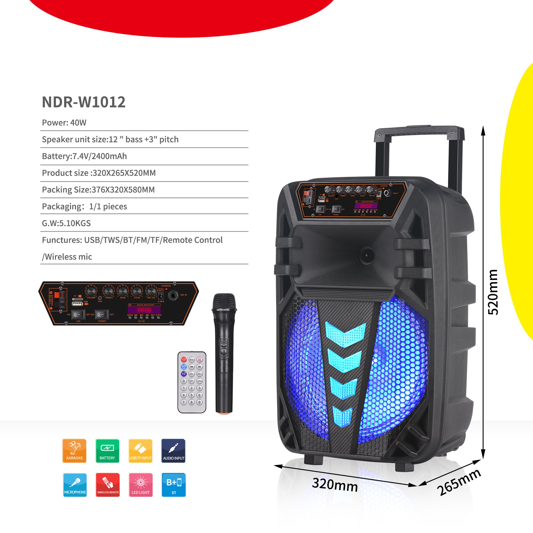 NDR- W1012-inch square dance audio with KARAOKE WIRELESS pull rod mobile outdoor portable high-power TWS speaker