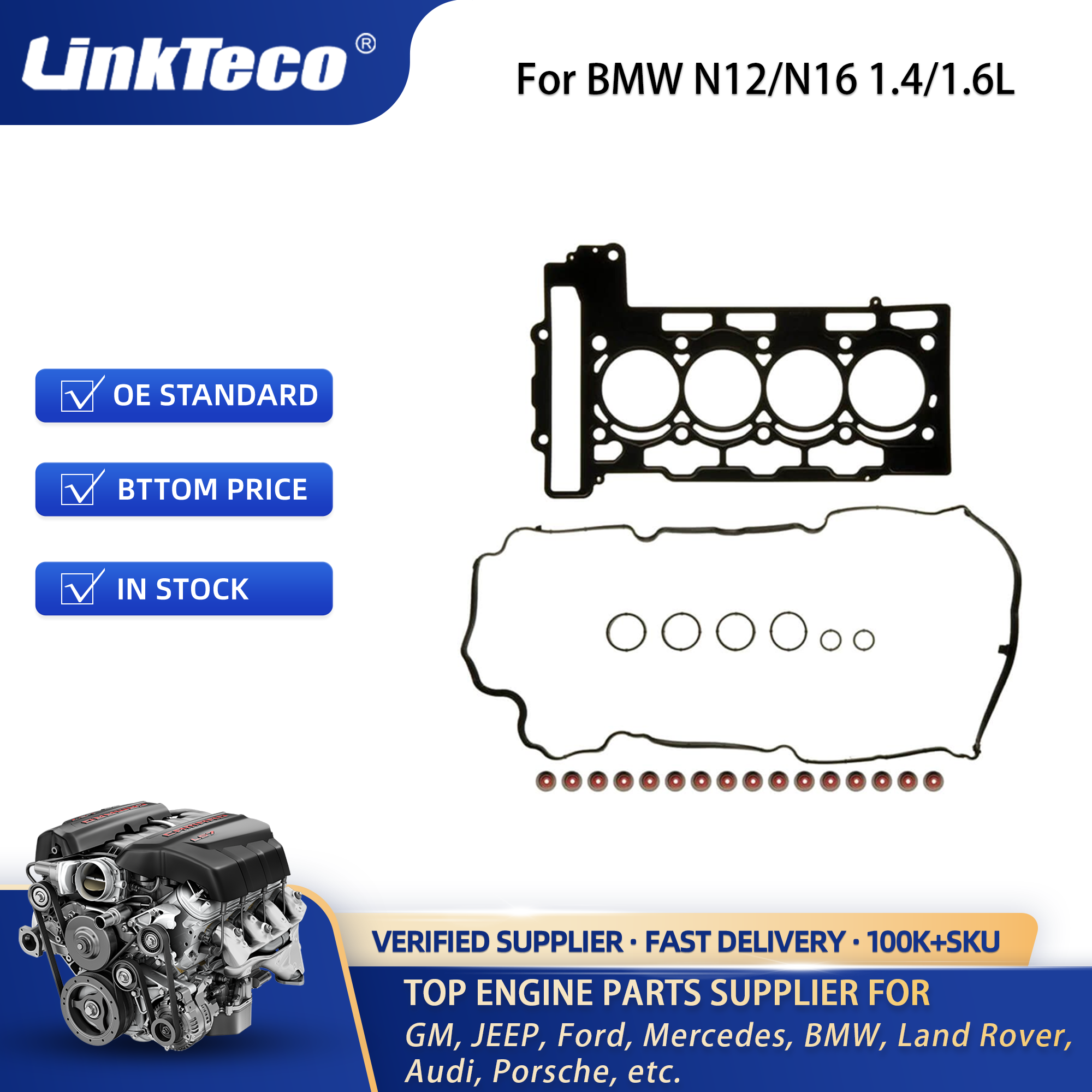 Linkteco Engine Cylinder Head& Bolts&Head Gasket Kit for BMW Mini Cooper N12 N16 1.4L 1.6L Turbo DOHC 11120427689 52283900