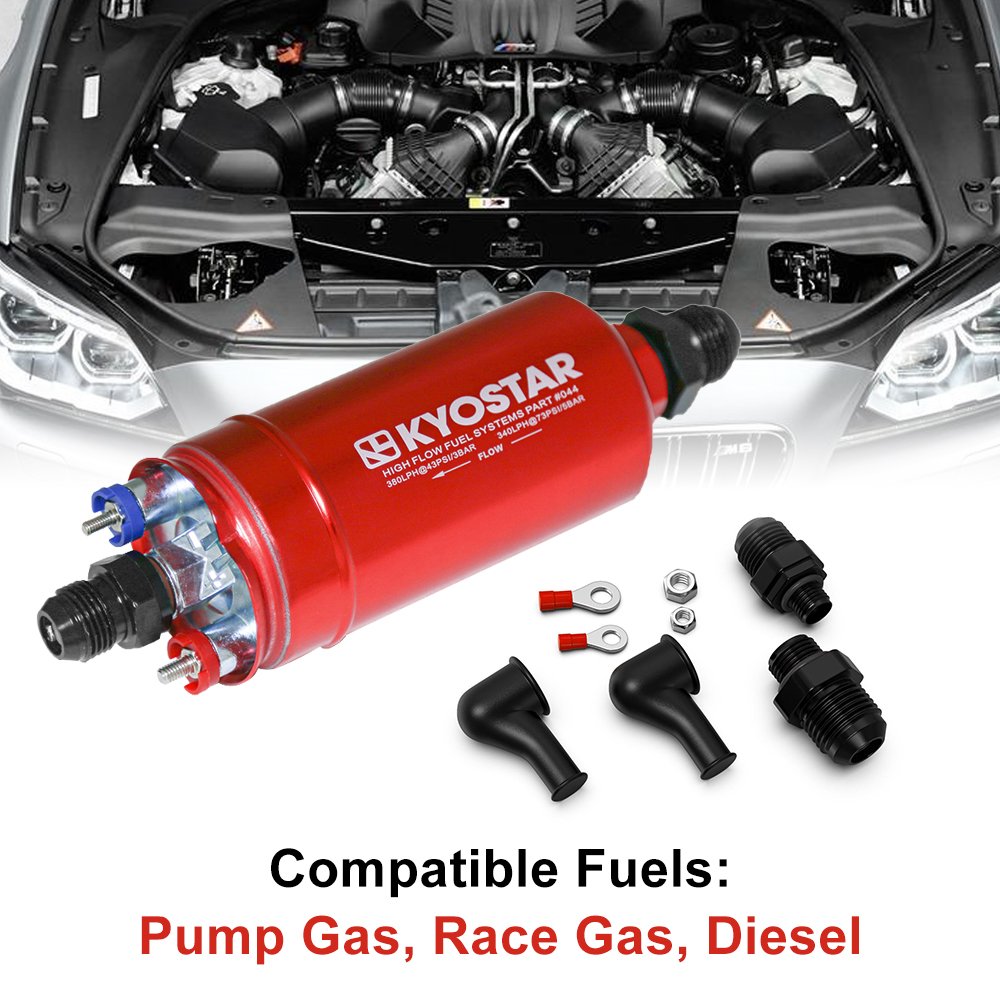 KYOSTAR EFI 380LPH 044 Style E85 Compatible Fuel Pump Inline External Electric High Pressure Fuel Pump w/ Mounting Bracket Kit