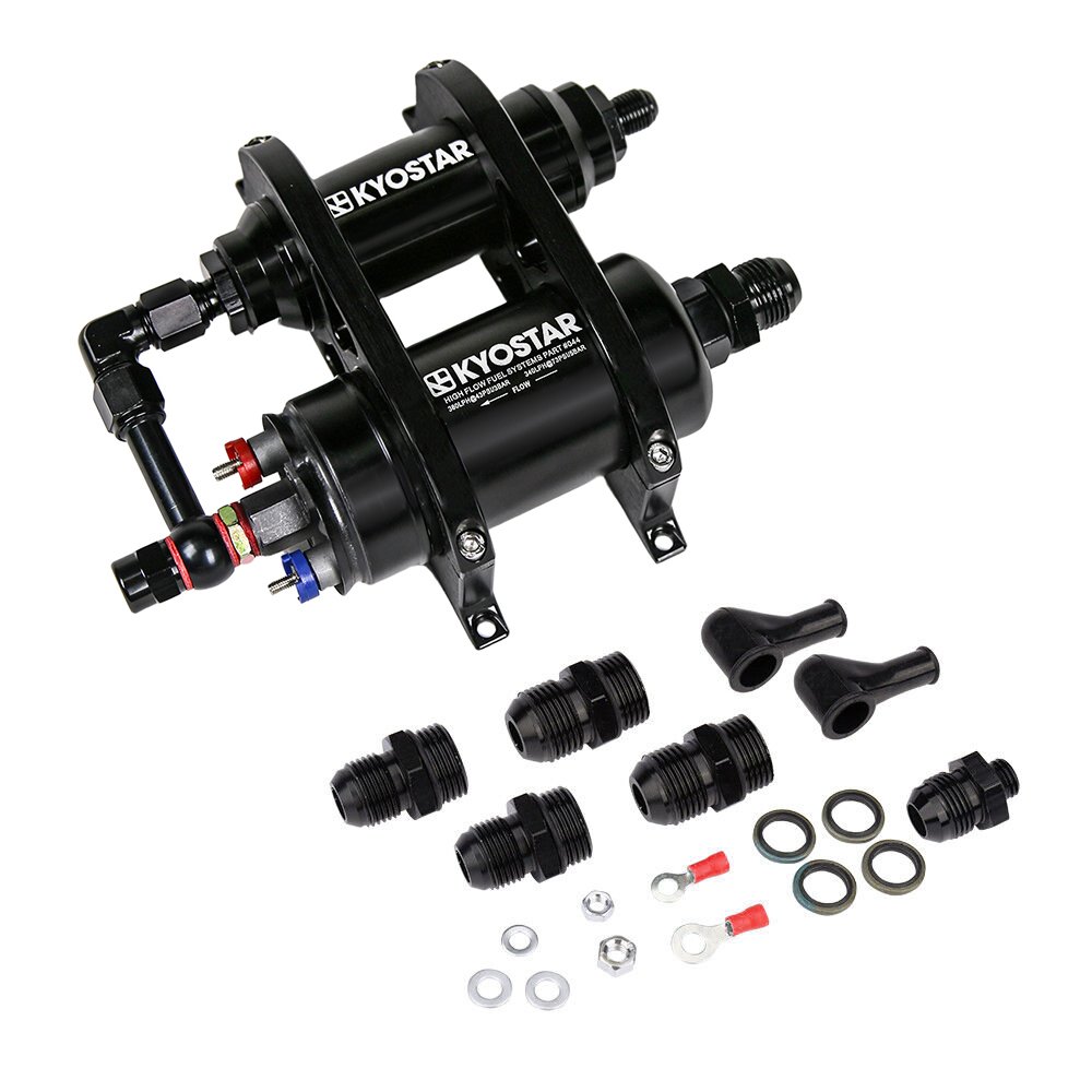 Kyostar 380LPH External Fuel Pump with Dual Mounting Bracket Kit and Filter AN8