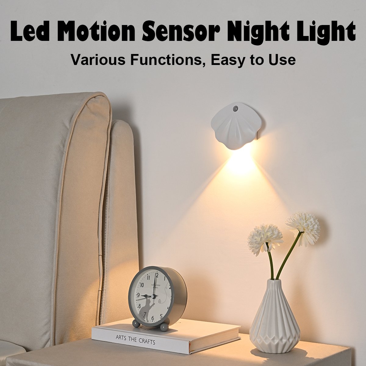 Led Night Light Shell Shape Lamp Sensor Adjustable Tricolor Rechargeable Wireless Battery Powered Bedroom Decoration Wall Light