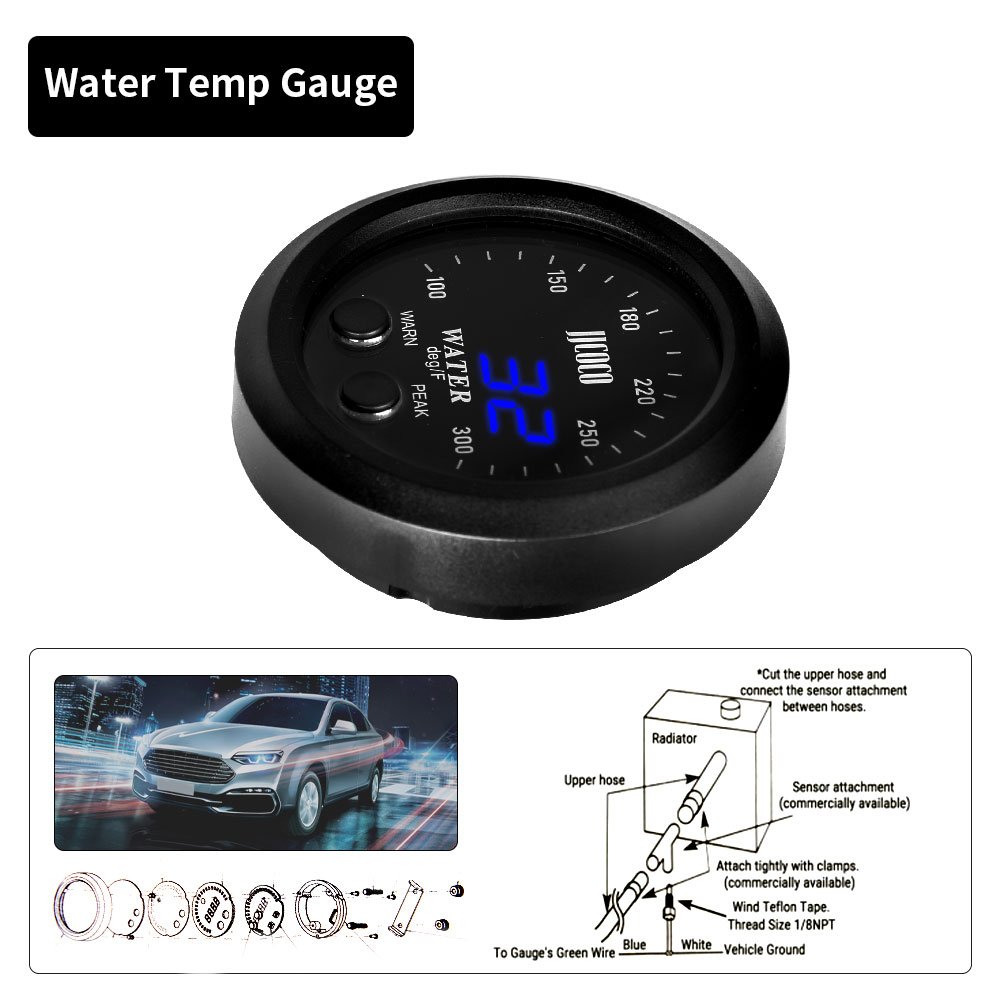 12v/24v Universal 52mm Water Temperature Gauge with 1/8 Npt Sensor Car Digital Meter Red Display Temp 100-300F