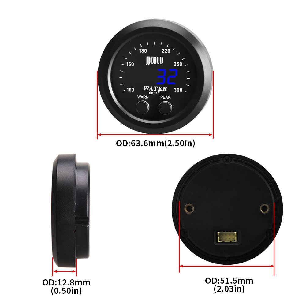 12v/24v Universal 52mm Water Temperature Gauge with 1/8 Npt Sensor Car Digital Meter Red Display Temp 100-300F