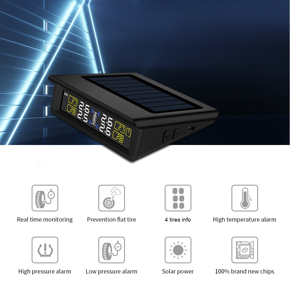 CAREUD Solar Power TPMS Wireless Car Tire Pressure Monitoring Intelligent System LED Display with 4 Internal Sensor