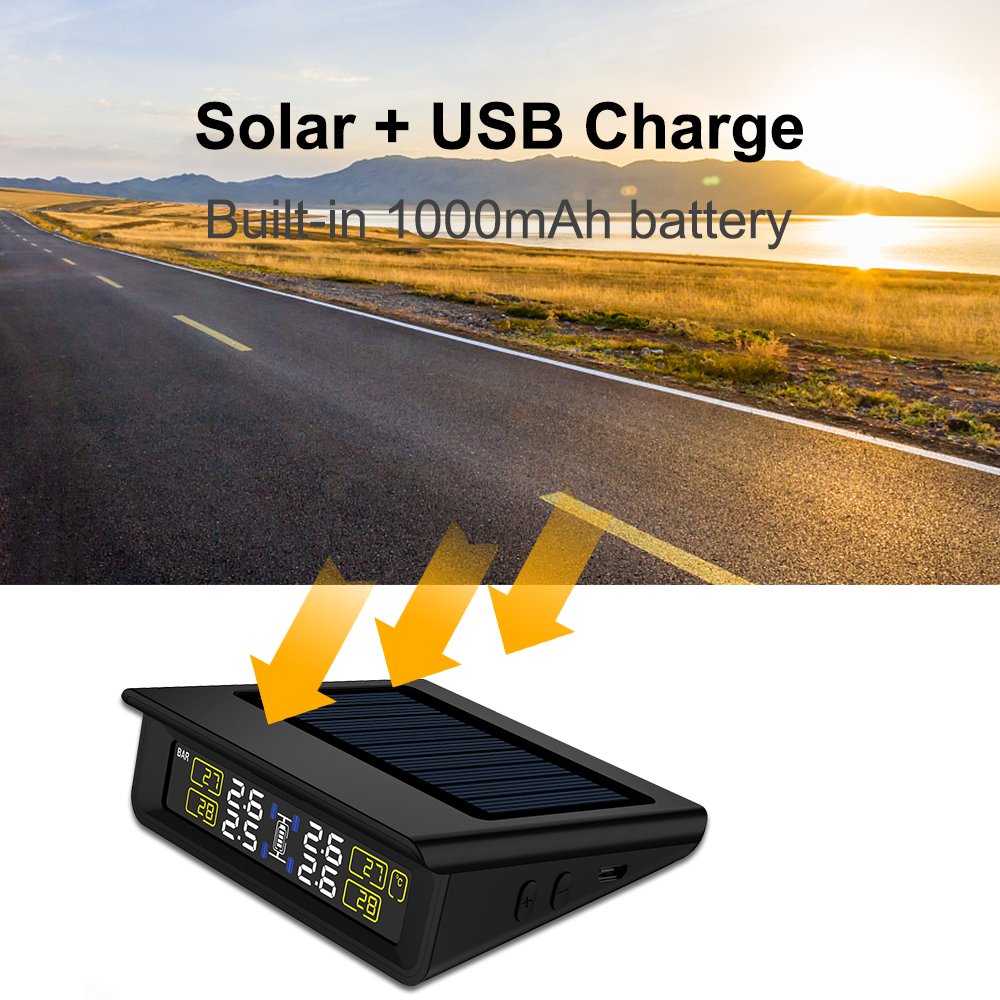 CAREUD Solar Power TPMS Wireless Car Tire Pressure Monitoring Intelligent System LED Display with 4 Internal Sensor