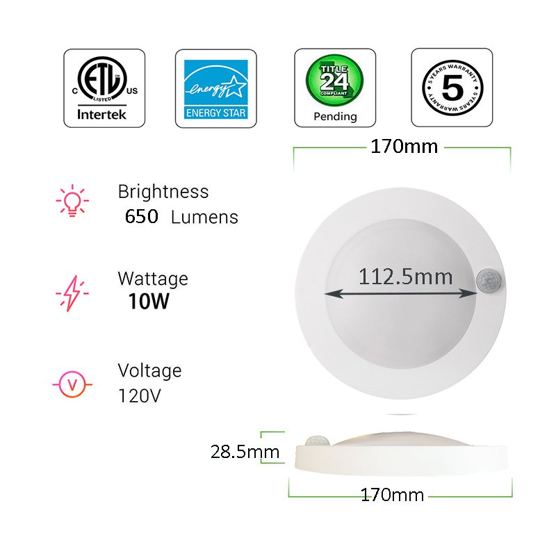 ETL Rated PIR Motion Sensor LED Ceiling Light 10W Medium Base Dusk to Dawn LED Ceiling Light Auto On Off Night Light for Walkway