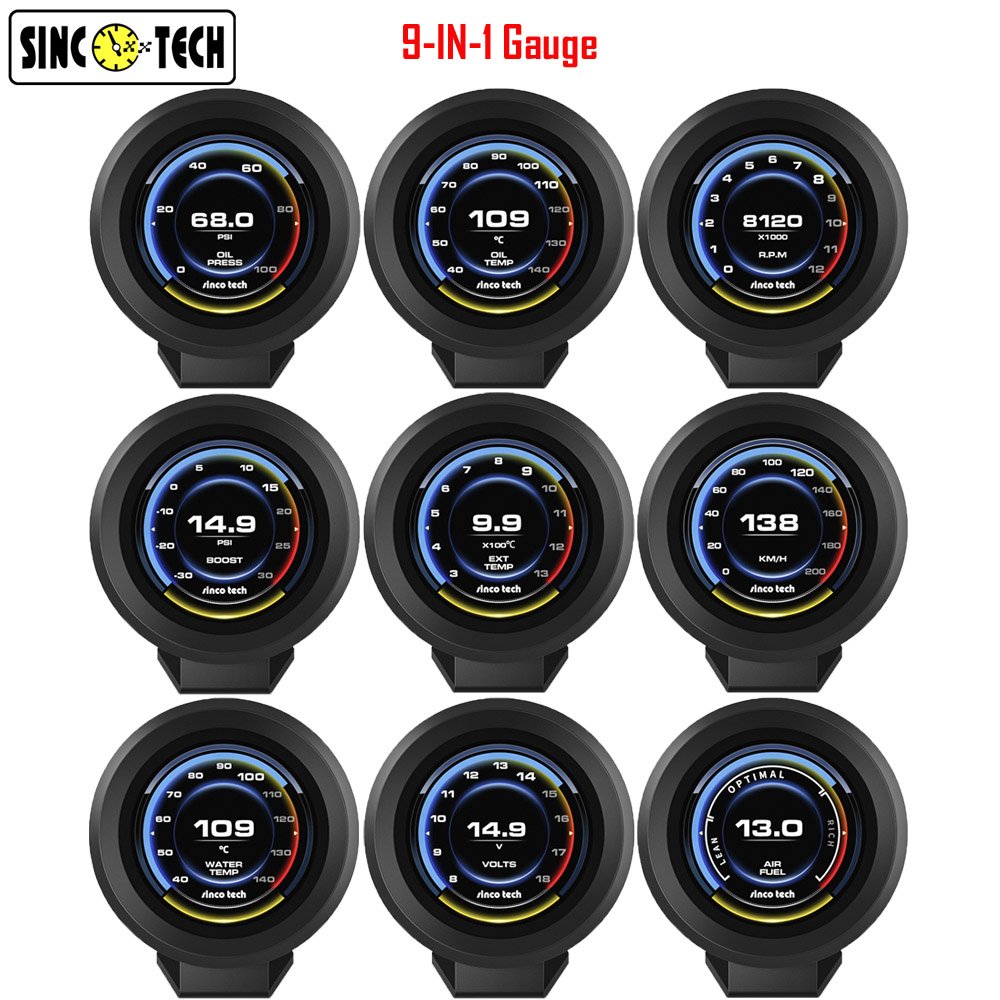 SincoTech Universal 9-in-1 Digital RPM Speedometer Volts Boost Oil Pressure Water Temp EGT AFR Gauge Meter Kit / Sensor (DO912S)