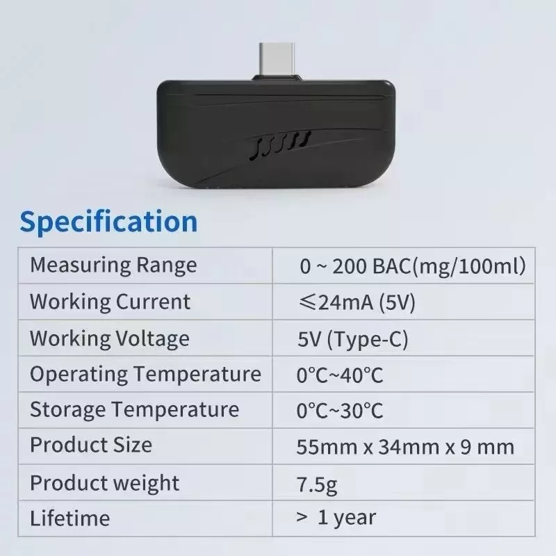 Factory OEM/ODM Portable Mini USB-C Digital Breathalyzer Alcohol Tester Gas Analyzer