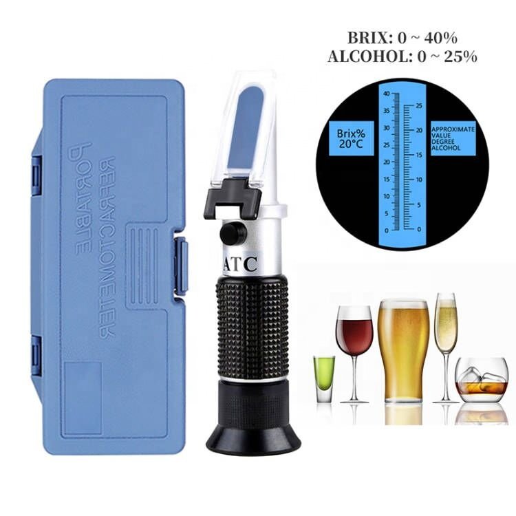 Hand Held 0-40% Brix 0-25% Alcohol Refractometer Tester for Alcohol Brix Wort Beer Wine Fruit Grape Sugar Saccharimeter