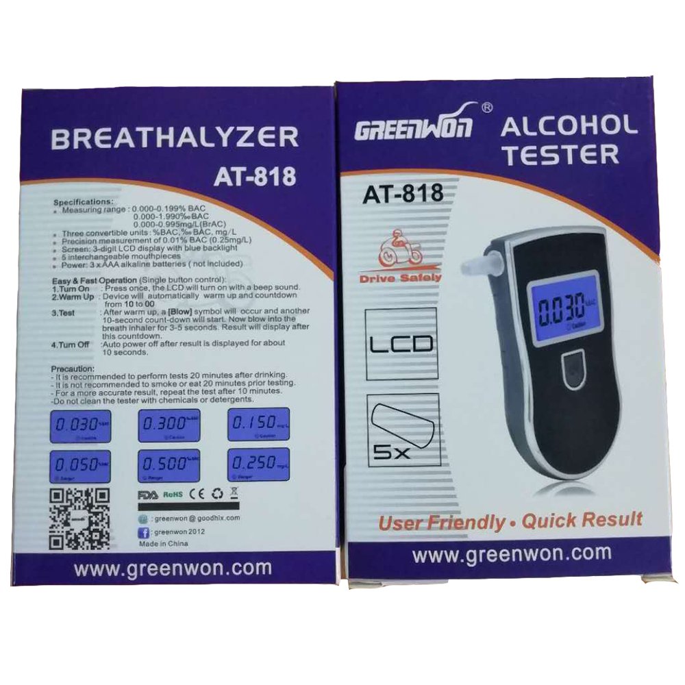GREENWON Breathalyzer AT-818 Digital Breath Alcohol Tester with 5 Replaceable Mouthpieces