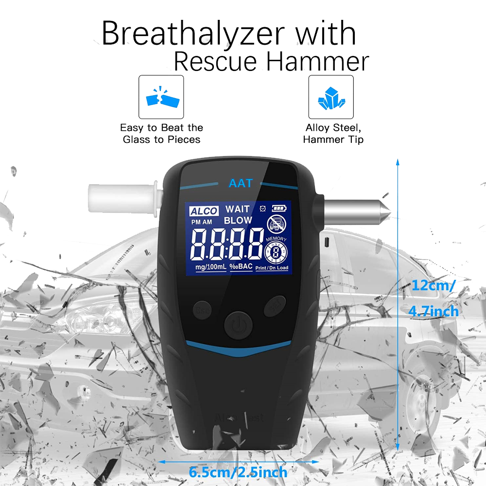 Patented alcohol tester with detachable rescue hammer and rechargeable battery breathalyzer