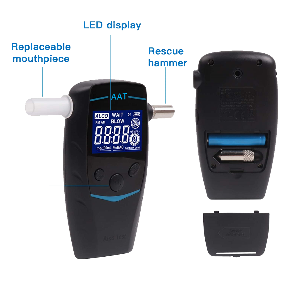 Patented alcohol tester with detachable rescue hammer and rechargeable battery breathalyzer