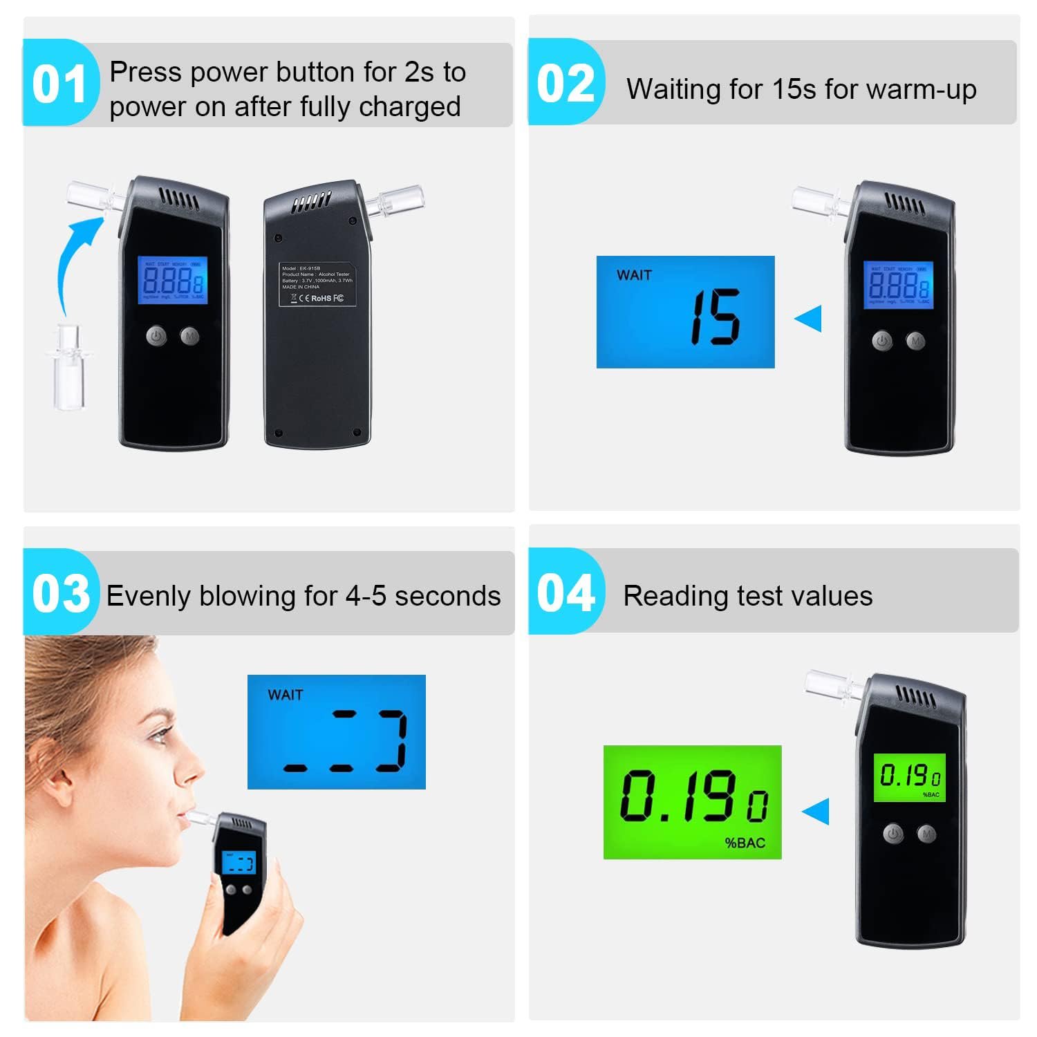 Breathalyzer,Portable Alcohol Tester with USB Rechargeable,Professional-Grade Accuracy Breathalyzer (10 Mouthpieces)