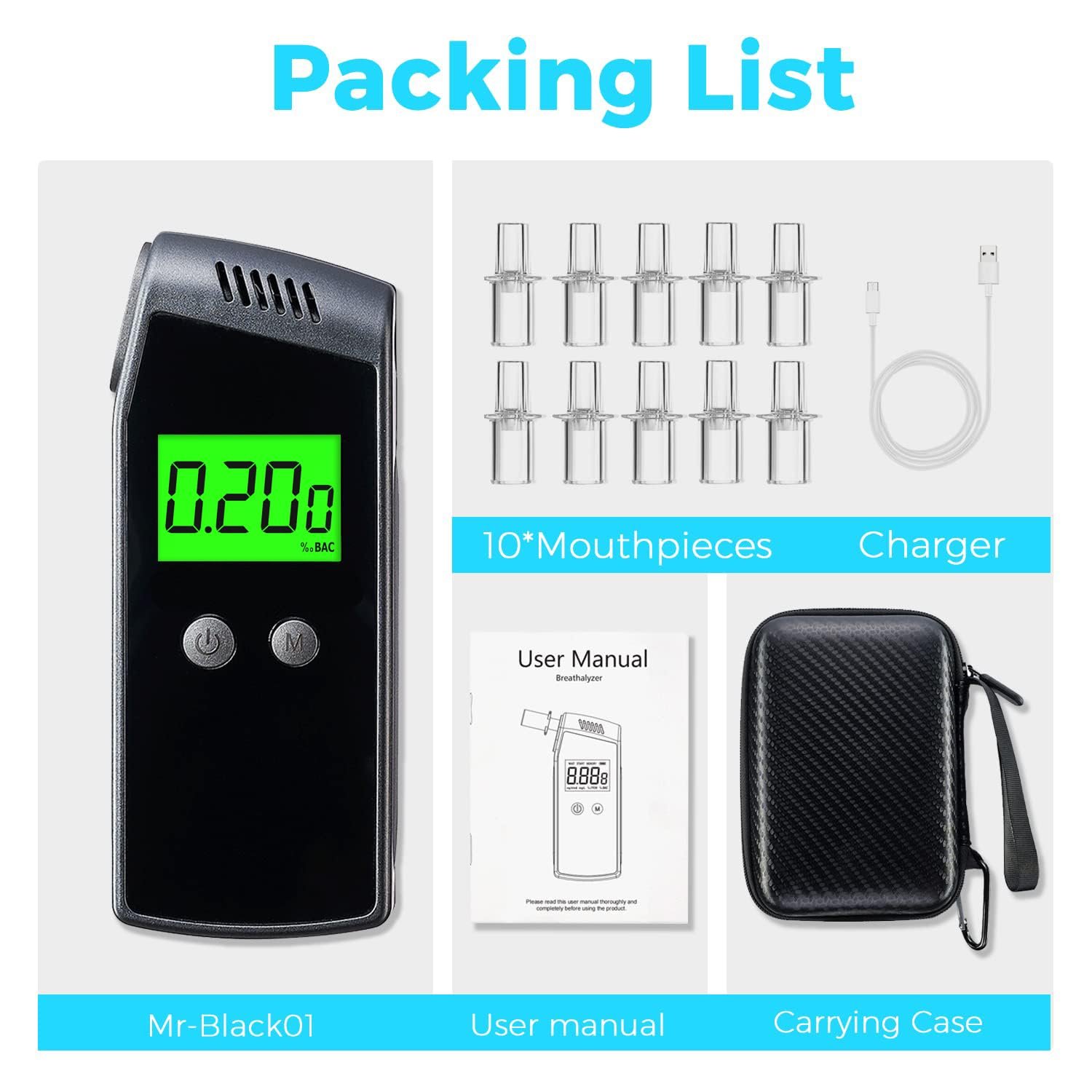 Breathalyzer,Portable Alcohol Tester with USB Rechargeable,Professional-Grade Accuracy Breathalyzer (10 Mouthpieces)