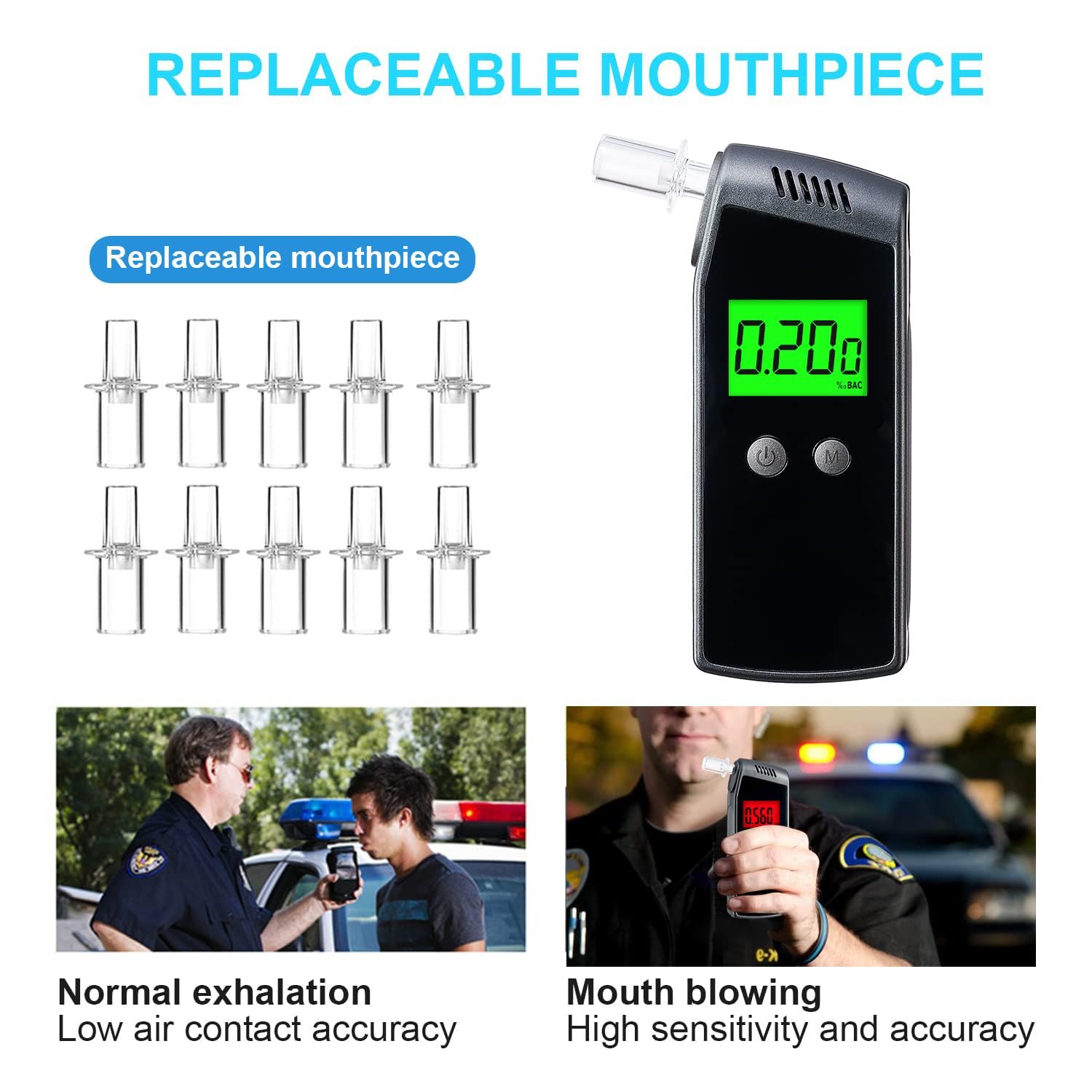 Breathalyzer,Portable Alcohol Tester with USB Rechargeable,Professional-Grade Accuracy Breathalyzer (10 Mouthpieces)