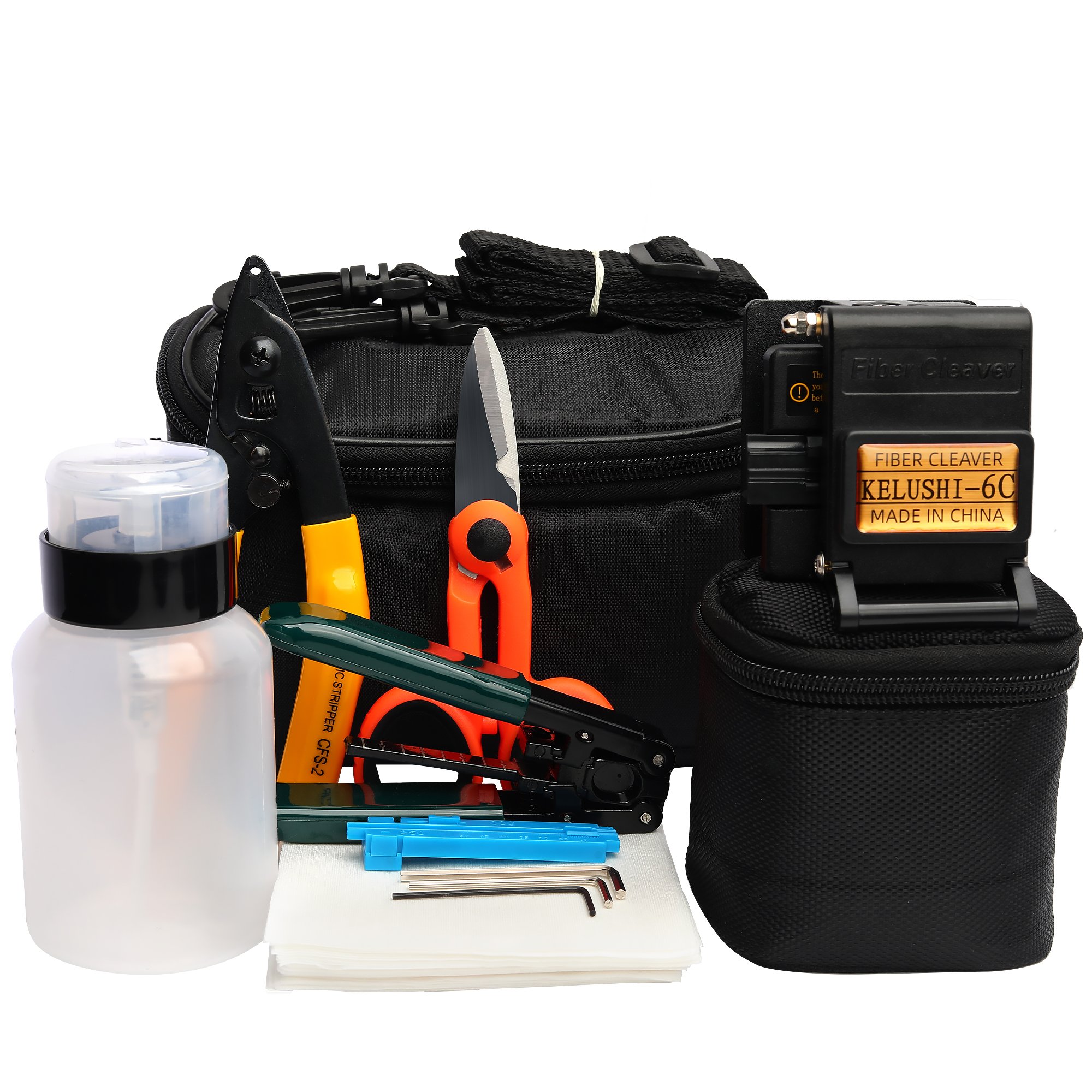 FTTH Fiber Optic Tool Kit 250ML PET Plastic empty alcohol bottle Fiber Cleaver KELUSHI-6C Wire Stripping Pliers scissors