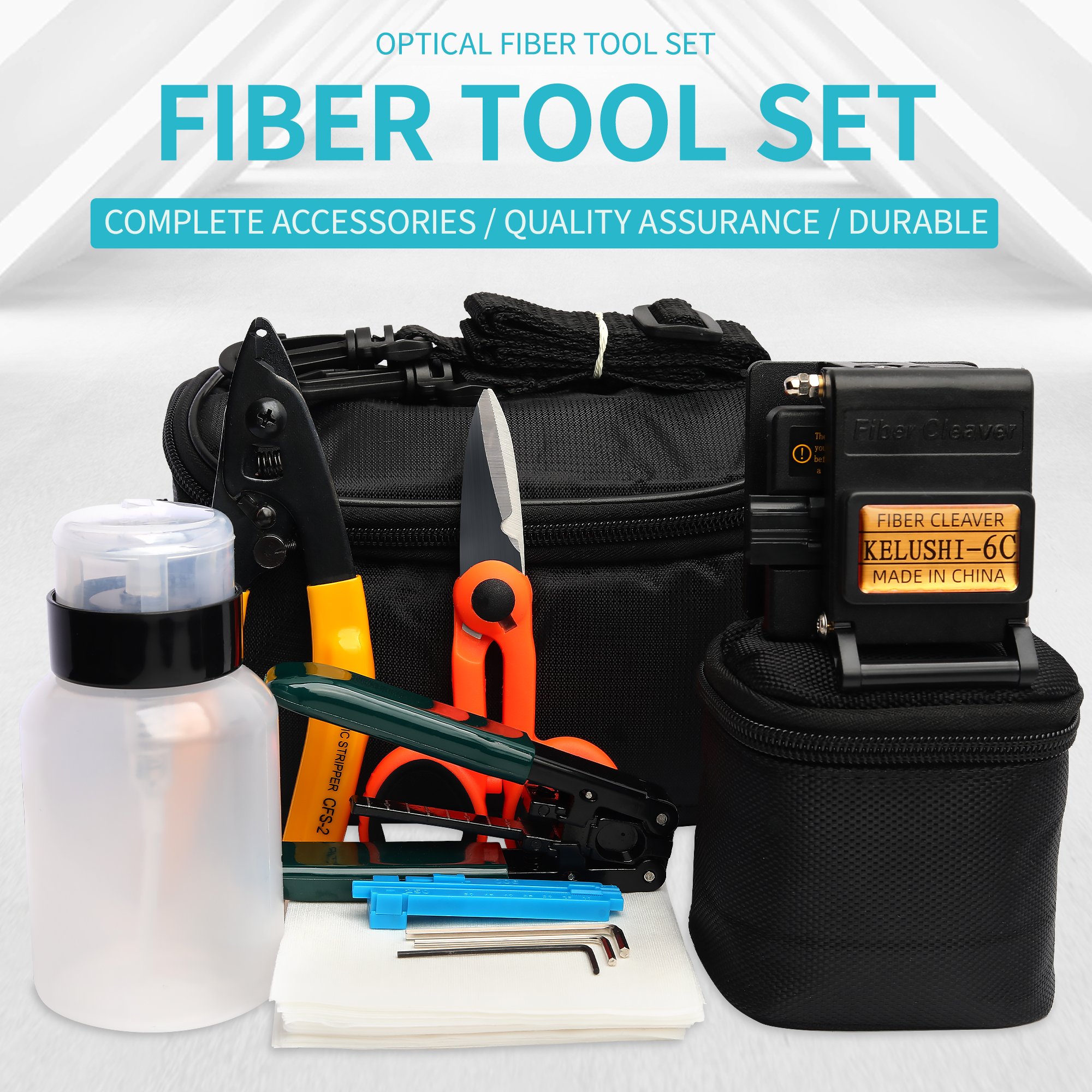 FTTH Fiber Optic Tool Kit 250ML PET Plastic empty alcohol bottle Fiber Cleaver KELUSHI-6C Wire Stripping Pliers scissors