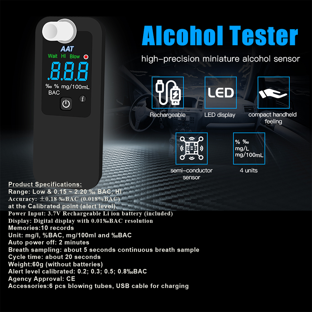 AAT088 alcohol tester with rechargeable battery with memories Drivaid