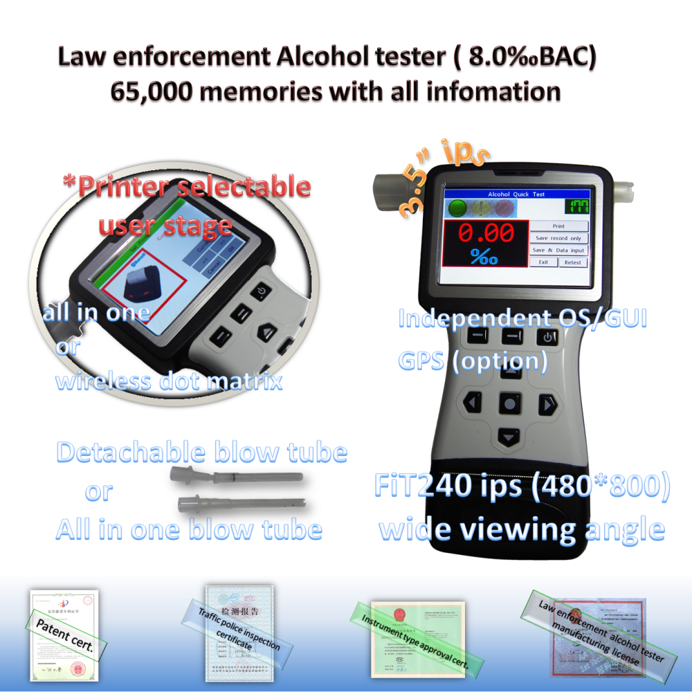 Professional Alcohol Tester Breathalyzer with ips capacitive touch panel, on board charge with low power consumption