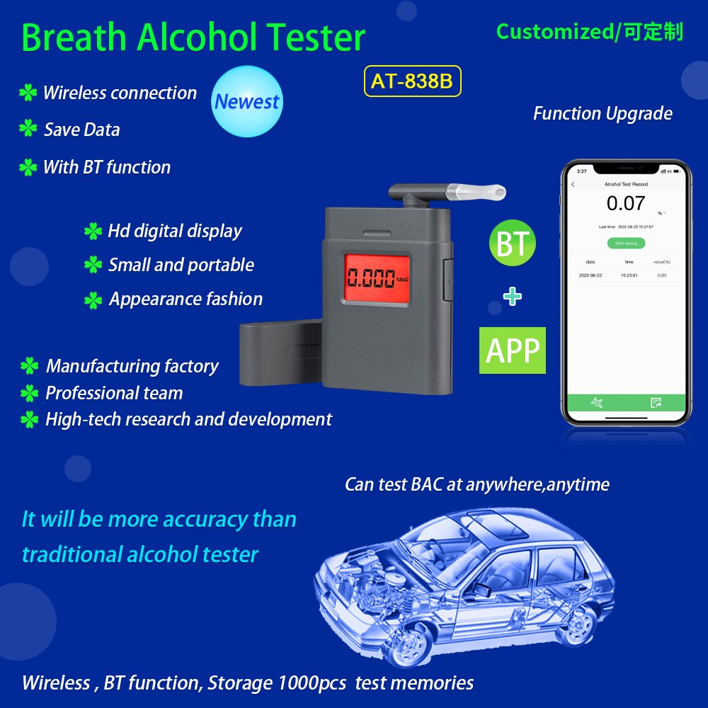NEWEST BT & APP ANALYZER BAC ALCOHOL TESTER BREATHALYZER AT-838B, For Japan, European & American markets only
