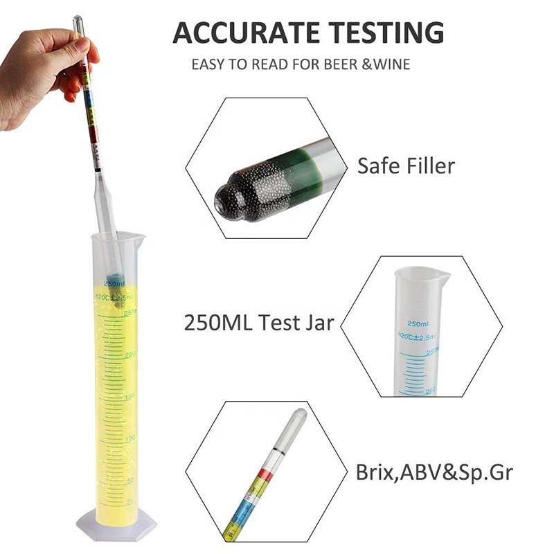 Hydrometer and Test Jar for Wine Beer Mead and Kombucha Triple Scale Hydrometer 250ml Plastic Cylinder Cleaning Brush & Bag
