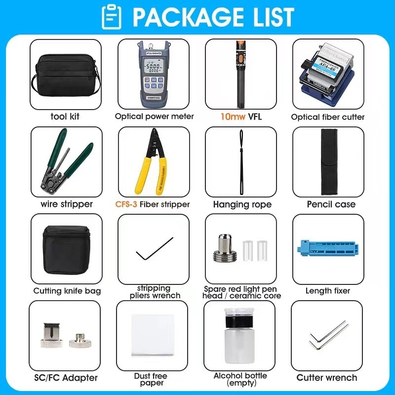 FTTH Fiber Optic Tool Kit VFL10MW CFS-3 OPM OPTICAL POWER METER FIBER CLEAVER AUA-6S