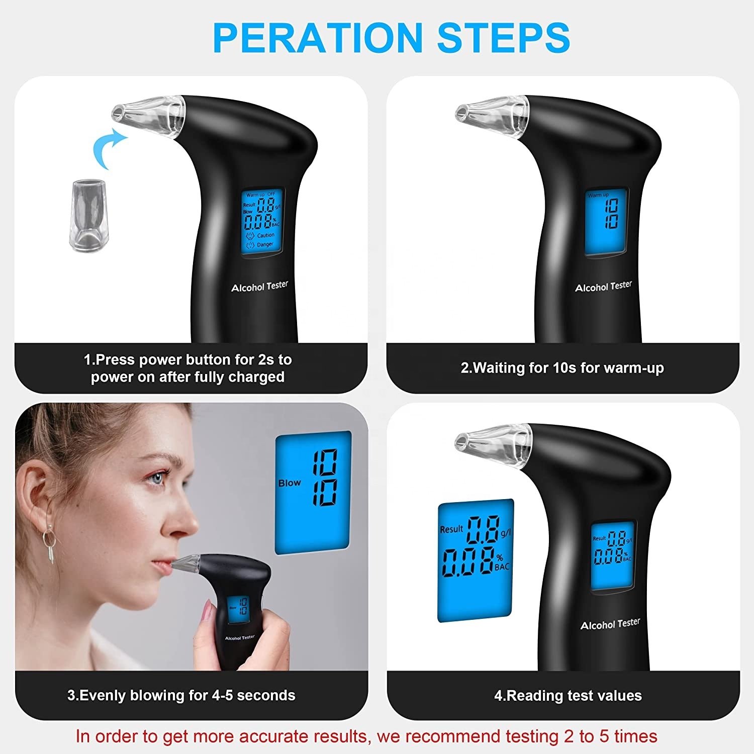 Hot Sale High Precision Alcohol Tester LCD Breathalyzer 12 Nozzles Breath Tester with 2*AAA Batteries with Auto-off Function