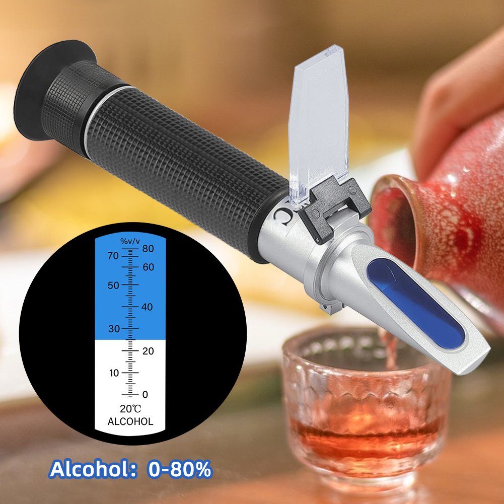 Hand held 0-80% Alcohol Refractometer ATC Spirits Tester Alcoholometer (single scales) Adjustable manual focusing Aluminum