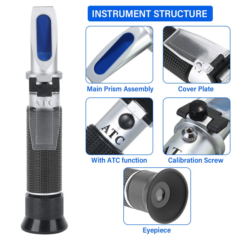 Hand held 0-80% Alcohol Refractometer ATC Spirits Tester Alcoholometer (single scales) Adjustable manual focusing Aluminum