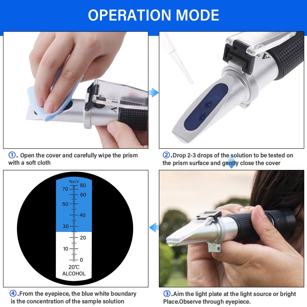 Hand held 0-80% Alcohol Refractometer ATC Spirits Tester Alcoholometer (single scales) Adjustable manual focusing Aluminum
