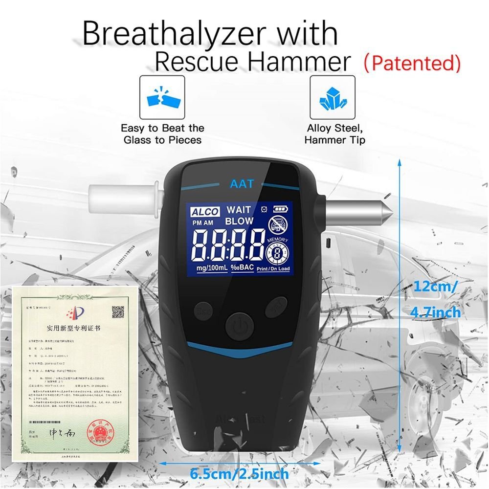 Patented alcohol tester with detachable rescue hammer and rechargeable battery breathalyzer