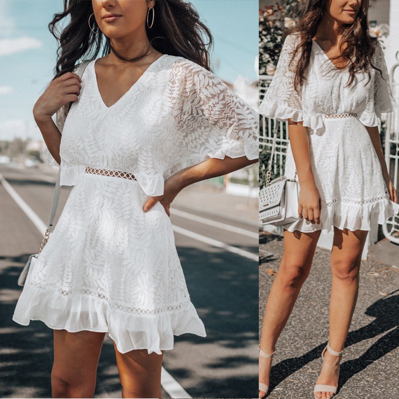New Summer Ruffles White Lace Dresses Short Dress Drop Shipping Products Zipper Casual Women Mini Natural Simple Adults Solid