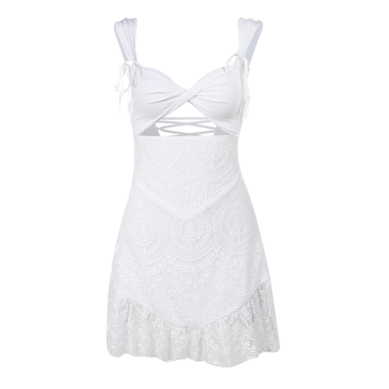 Summer White Elegant Dress New Fashion Party Club Sexy Strap Waist Slim Backless Embroidered Lace Dress Casual Mini Dress Women