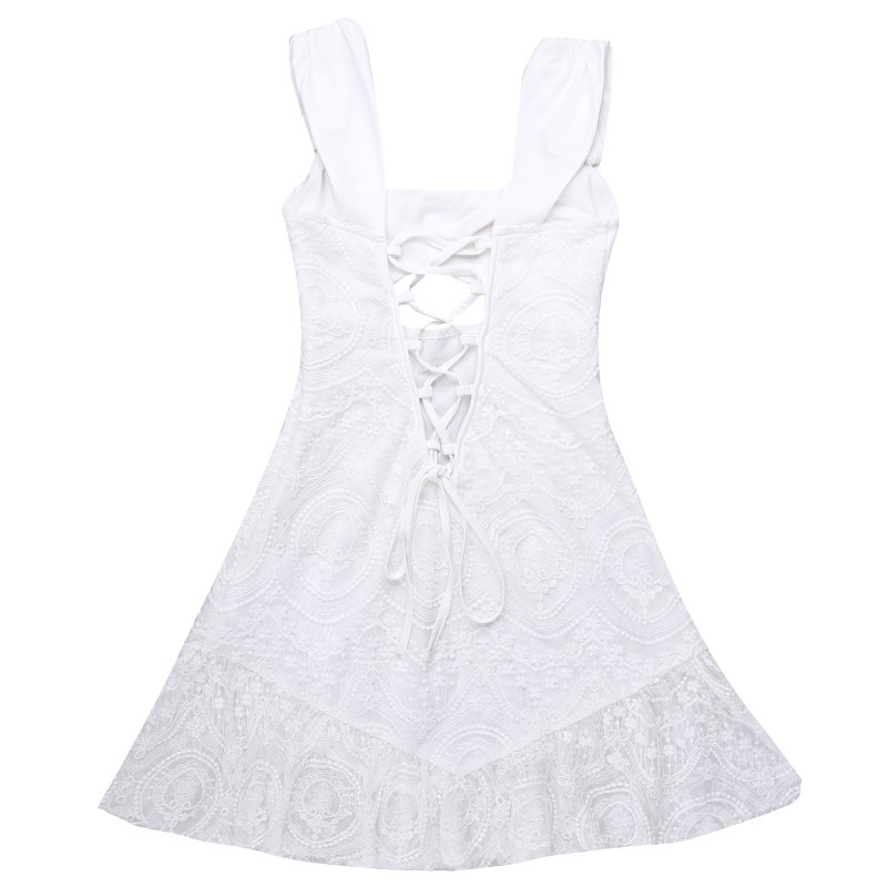 Summer White Elegant Dress New Fashion Party Club Sexy Strap Waist Slim Backless Embroidered Lace Dress Casual Mini Dress Women
