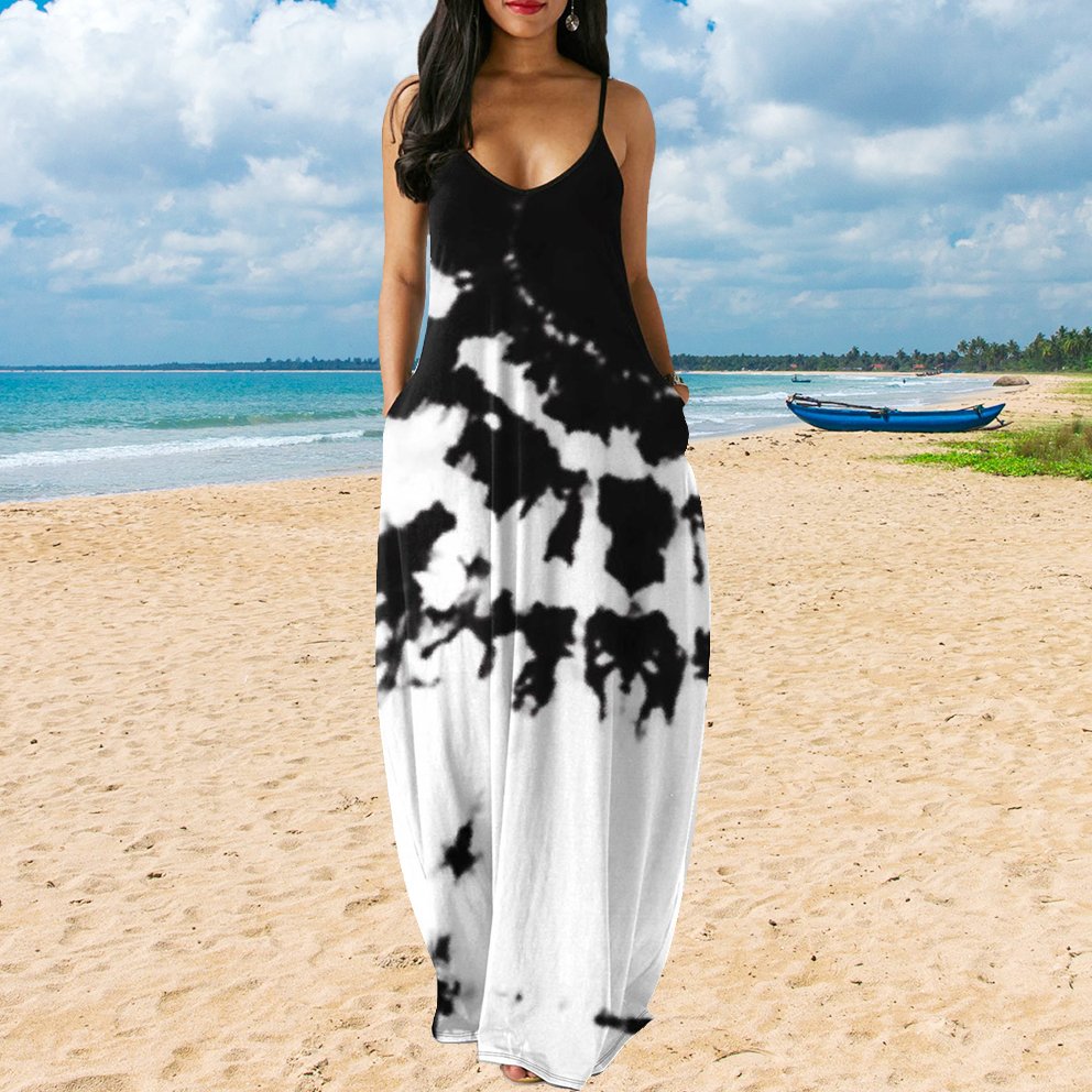 2 PC Women Casual Oversized Women Maxi Dresses V Neck Loose Long Sunflower Dresses Summer Beach Flowy Floral Dress With Pockets