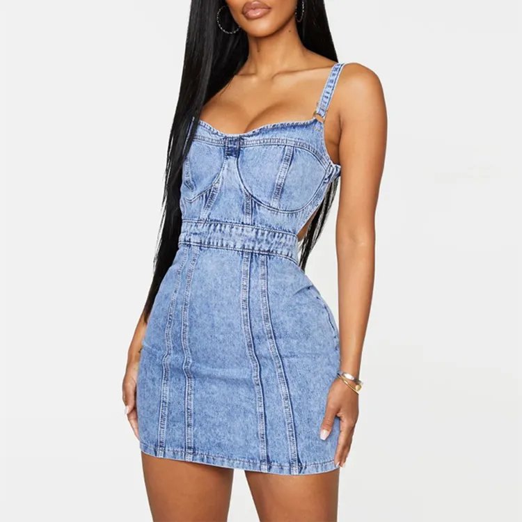 New Fashion Blue Wash Corset Cut Out Sexy Backless Dresses Sleeveless Mini Denim Dress For Women