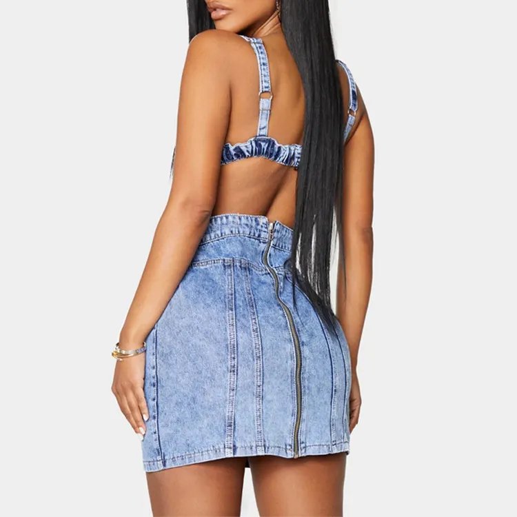 New Fashion Blue Wash Corset Cut Out Sexy Backless Dresses Sleeveless Mini Denim Dress For Women