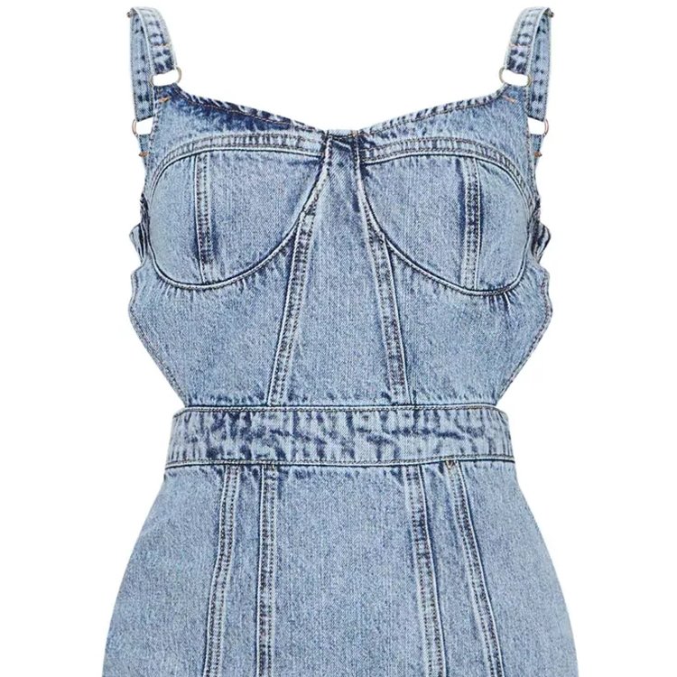 New Fashion Blue Wash Corset Cut Out Sexy Backless Dresses Sleeveless Mini Denim Dress For Women