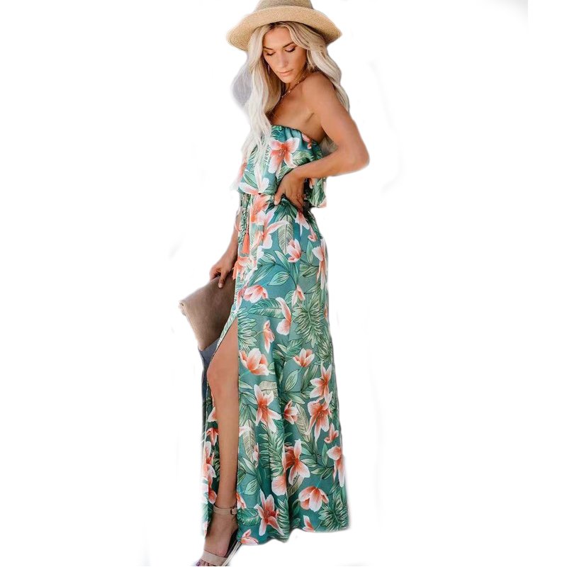 2022 New Summer Fashion Sexy Floral Printed Off The Shoulder Slit Elastic Waist Casual Maxi Dress Women Slit Beach Maxi Dress