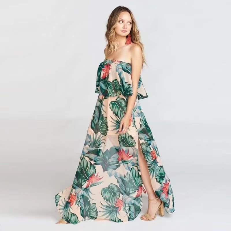 2022 New Summer Fashion Sexy Floral Printed Off The Shoulder Slit Elastic Waist Casual Maxi Dress Women Slit Beach Maxi Dress