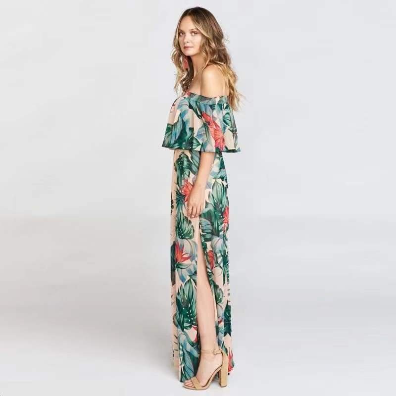 2022 New Summer Fashion Sexy Floral Printed Off The Shoulder Slit Elastic Waist Casual Maxi Dress Women Slit Beach Maxi Dress