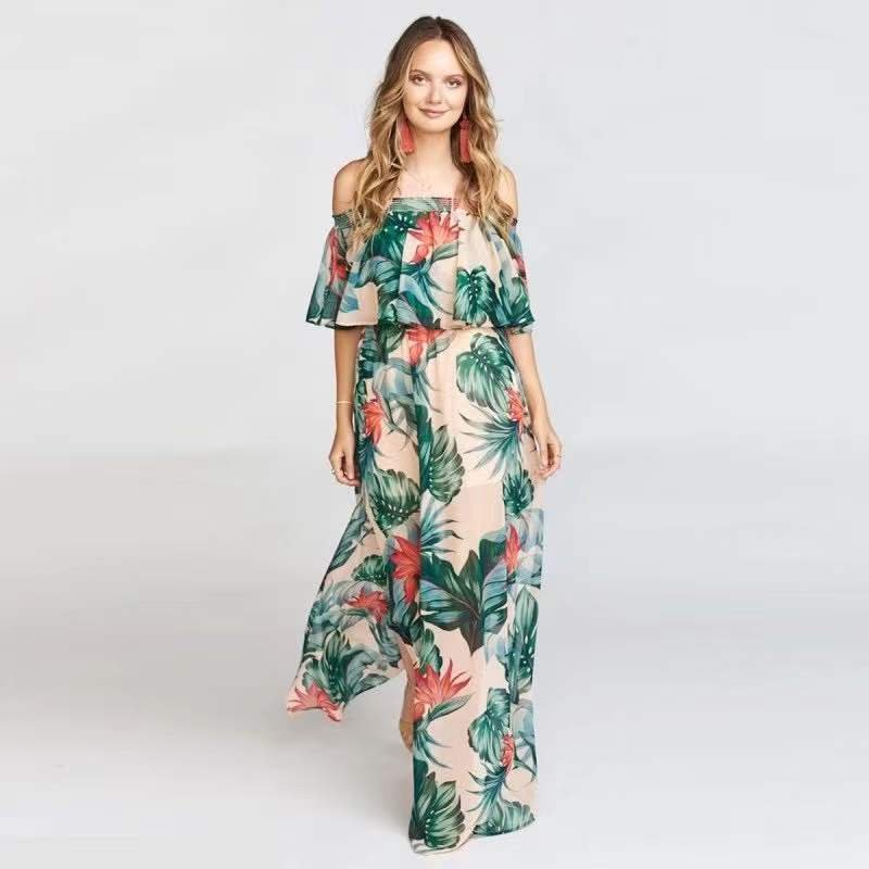 2022 New Summer Fashion Sexy Floral Printed Off The Shoulder Slit Elastic Waist Casual Maxi Dress Women Slit Beach Maxi Dress