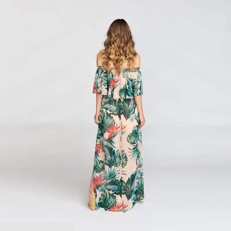 2022 New Summer Fashion Sexy Floral Printed Off The Shoulder Slit Elastic Waist Casual Maxi Dress Women Slit Beach Maxi Dress