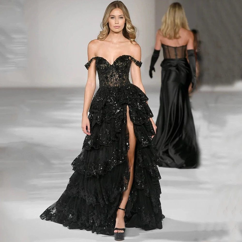 2024 Elegance Evening Dresses Off Shoulder Front Side Opening Formal Prom Dress Black