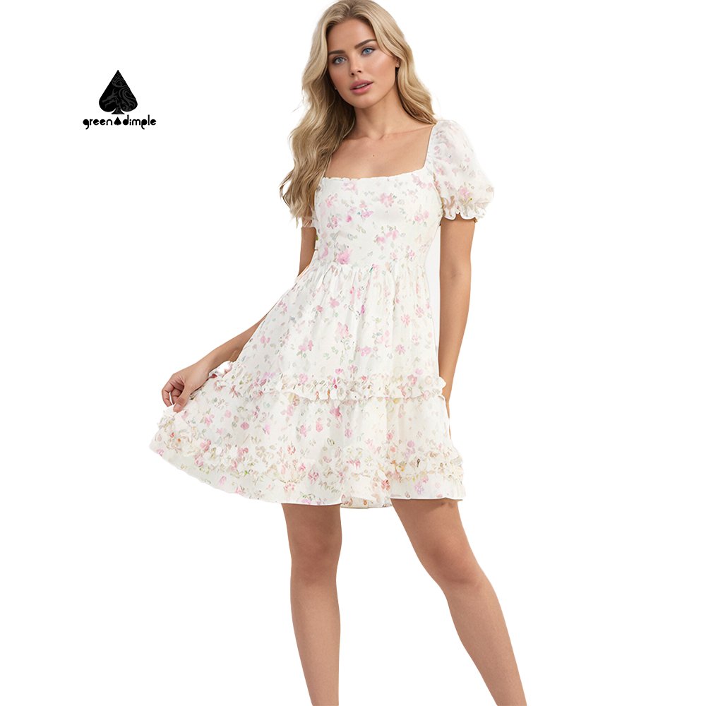 Green Dimple Spring Summer Women Dress Square Neck Backless Ruffle Lace-up Floral Print Elegant Lady Casual Dress