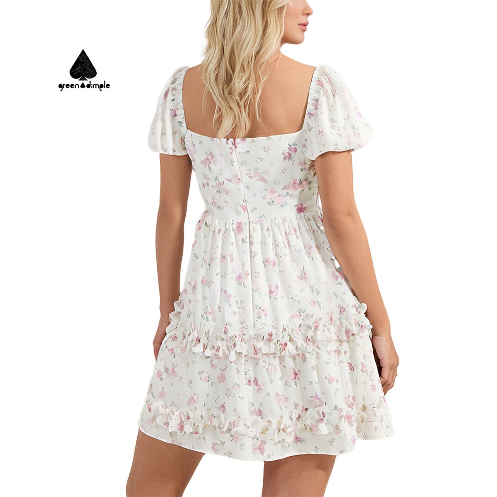 Green Dimple Spring Summer Women Dress Square Neck Backless Ruffle Lace-up Floral Print Elegant Lady Casual Dress