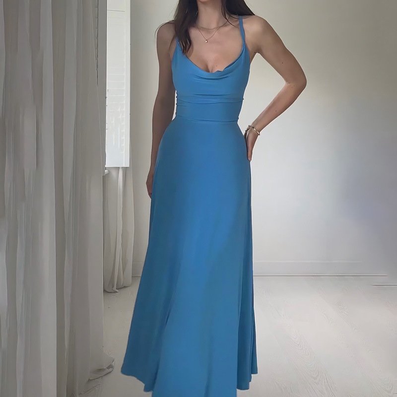 New Arrival Summer Elegante Slim Long Dress Low Collar Hige Waist Tie Spaghetti Strap Backless Dress Women Casual dress